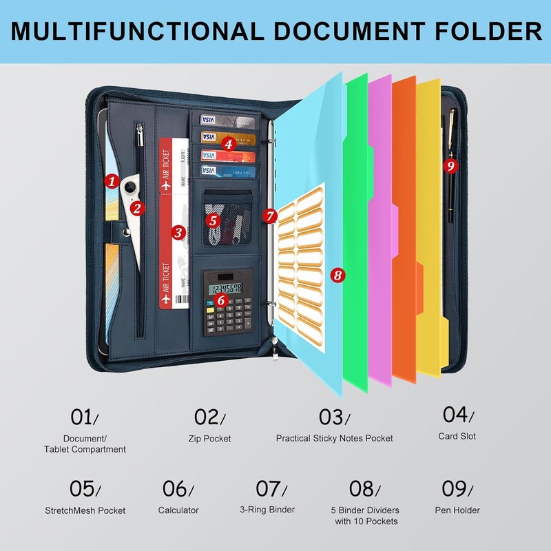 Eshow Portfolio Organizer - 3 Ring Binder with Zipper, Vegan Leather Business Padfolio Folder with Notepad Includes 5 Color Sheet Protectors for Documents Files for Men Women - Image 2